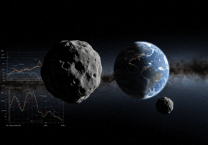 Artist's rendering of Earth with two giant asteroids, highlighting NASA's alert for their close approach on August 8, 2025.