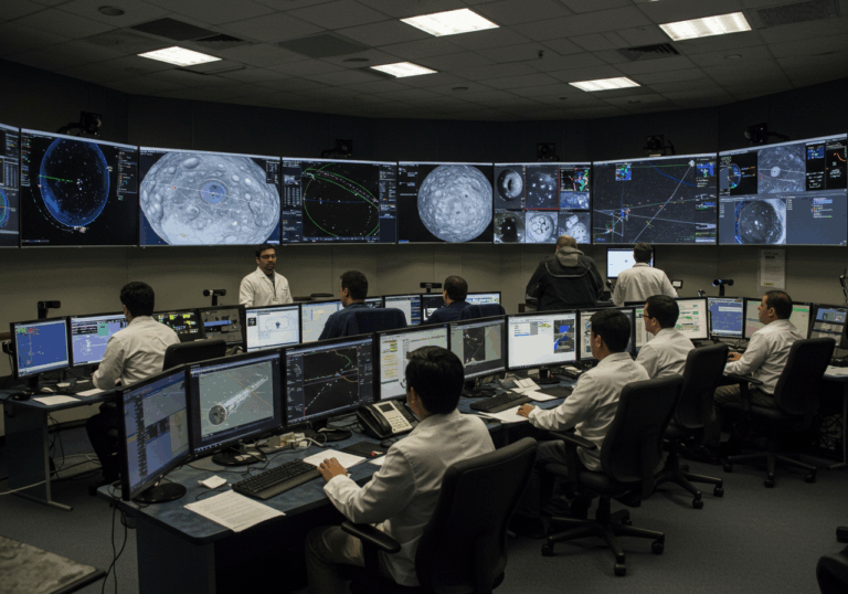 A group of people collaborating in a room, focused on tasks related to NASA's asteroid alert for August 8, 2025.