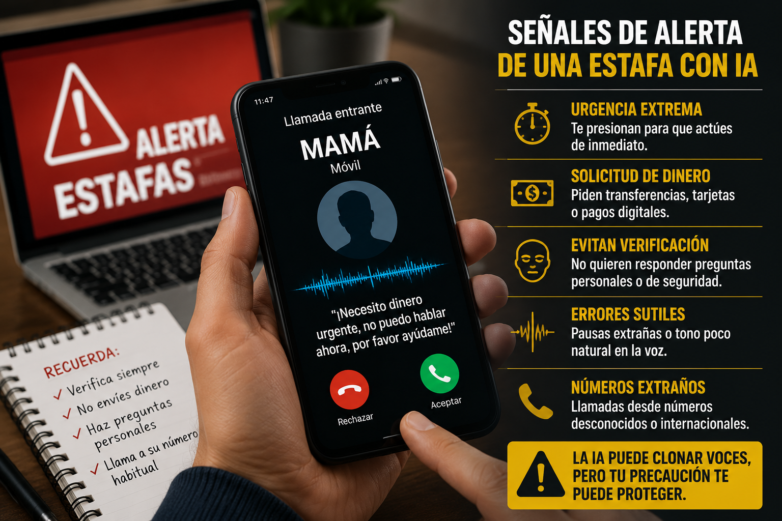 Infografía de alerta sobre estafas con IA mostrando señales como urgencia extrema, llamadas falsas y consejos de verificación