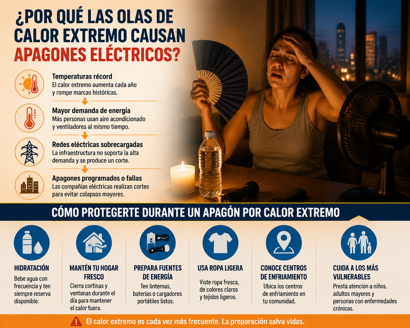 Infografía explicando cómo las olas de calor extremo provocan apagones eléctricos con persona afectada por el calor en casa