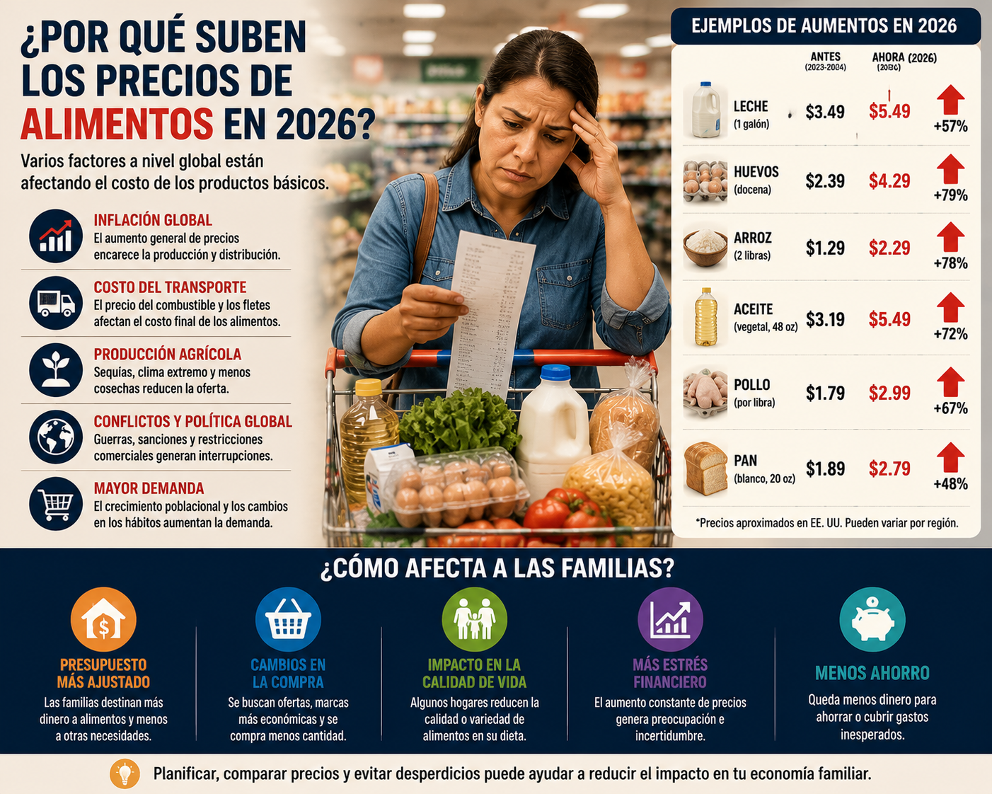Infografía sobre aumento de precios de alimentos en 2026 mostrando causas como inflación, transporte, producción agrícola y impacto en familias