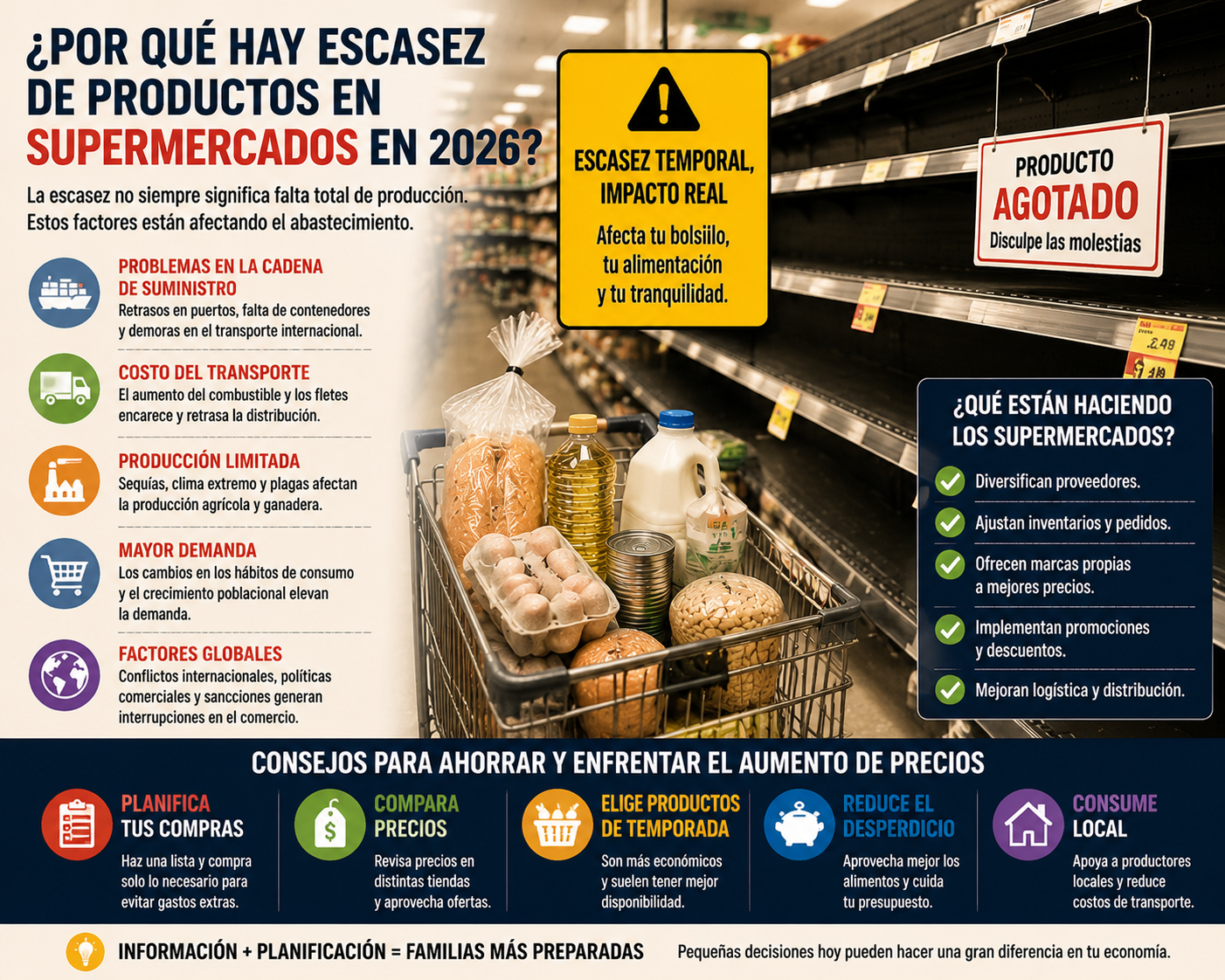 Infografía sobre escasez de productos en supermercados en 2026 con causas de la cadena de suministro, transporte y consejos para consumidores
