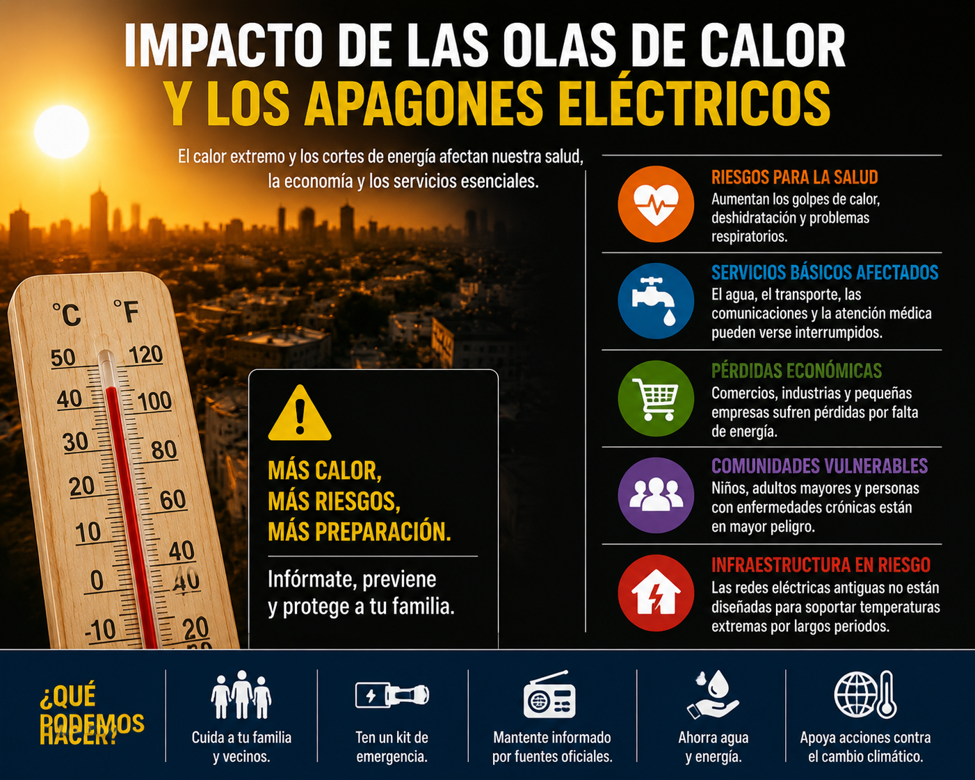 Infografía sobre impacto de olas de calor y apagones eléctricos mostrando riesgos en salud, economía y servicios básicos