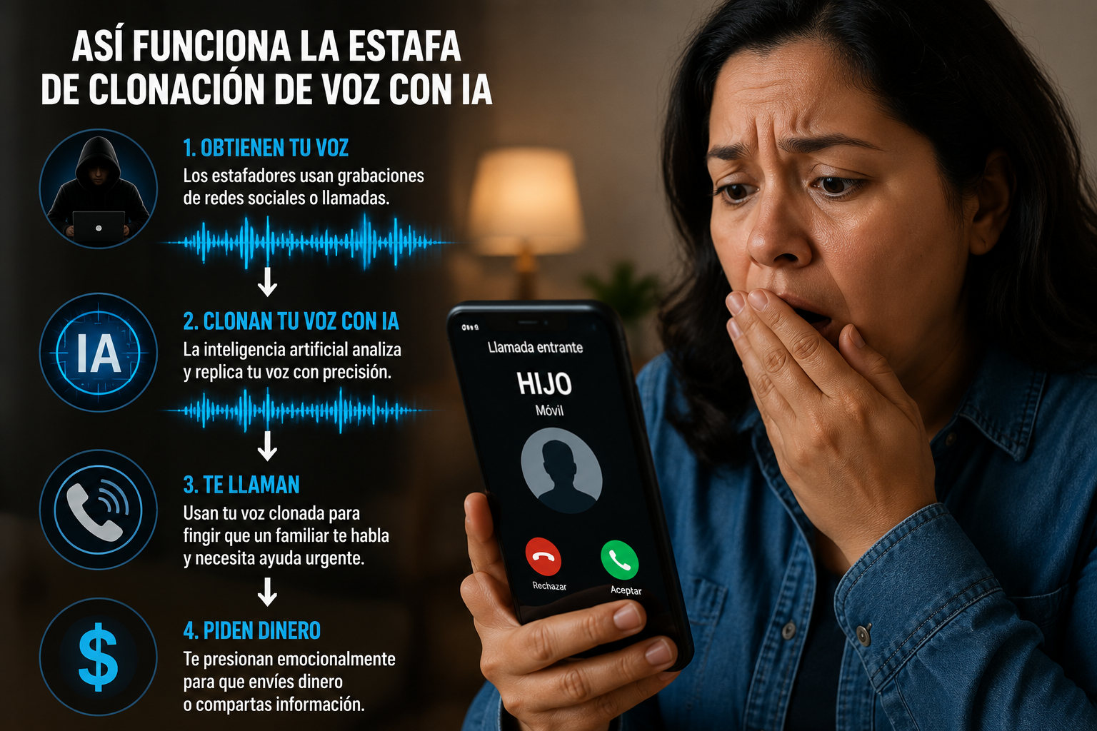 Mujer sorprendida recibiendo una llamada de estafa con voz clonada por IA mostrando el proceso del fraude paso a paso