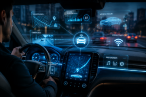 Panel de auto inteligente recopilando datos digitales mediante GPS y sistemas conectados del vehículo