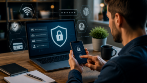 Persona protegiendo sus cuentas digitales con autenticación de seguridad y medidas contra robo de identidad