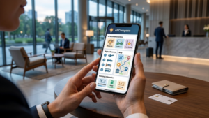 Persona utilizando aplicación de viajes con inteligencia artificial para crear itinerario y organizar vacaciones