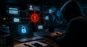 Riesgo de robo de datos personales con hacker accediendo información digital y cuentas financieras