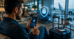 Viajero protegiendo sus datos personales mientras utiliza aplicaciones digitales de turismo y reservas online