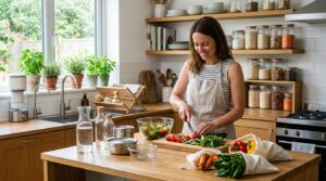 Cocina moderna con alternativas sostenibles para reducir exposición a microplásticos en alimentos y agua
