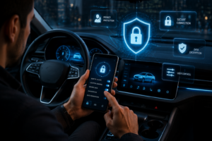 Conductor protegiendo la privacidad de su auto inteligente mediante configuraciones digitales de seguridad