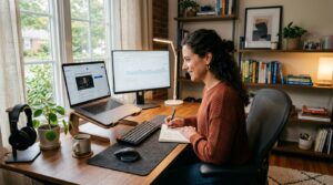 Persona aprendiendo nuevas habilidades digitales mediante cursos online para adaptarse al futuro laboral