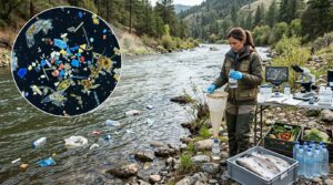 Representación científica de microplásticos contaminando fuentes de agua y cadena alimentaria