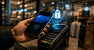 Smartphone mostrando aplicación de billetera digital junto a terminal de pago electrónico sin contacto