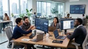 Trabajadores utilizando herramientas de inteligencia artificial para mejorar productividad y colaboración laboral