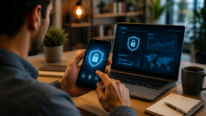 Usuario protegiendo pagos digitales en smartphone mediante herramientas de seguridad financiera y tecnología