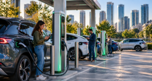Estación de carga para vehículos eléctricos con autos conectados y tecnología inteligente de energía