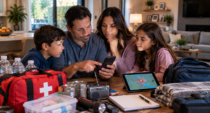 Familia utilizando tecnología de emergencia y comunicación digital para prepararse ante situaciones de riesgo