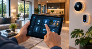 Panel inteligente controlando dispositivos del hogar como iluminación, temperatura y cámaras de seguridad conectadas