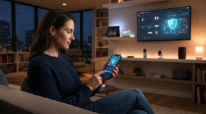 Persona protegiendo dispositivos de casa inteligente mediante controles de seguridad digital y red doméstica conectada