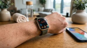 Reloj inteligente mostrando datos de frecuencia cardíaca y monitoreo de salud conectado a smartphone