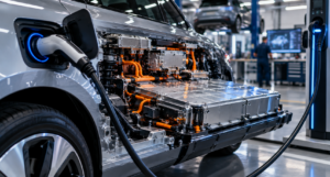 Sistema de batería y carga de vehículo eléctrico mostrando tecnología automotriz moderna