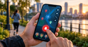 Smartphone mostrando aplicación de emergencia con ubicación GPS y funciones de seguridad personal