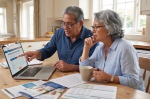 Adulto mayor comparando documentos y costos de diferentes planes de Medicare en una computadora