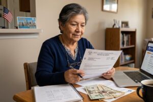 Adulto mayor revisando el monto de sus beneficios de jubilación con una calculadora y documentos financieros
