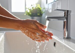 Persona lavándose las manos con agua y jabón para ayudar a prevenir infecciones respiratorias