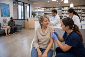 Profesional sanitario explica la vacunación contra la gripe a un paciente adulto